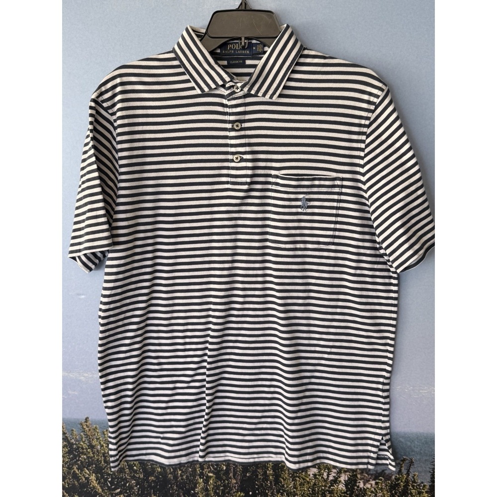 Ralph Lauren Polo Shirt Men M Blue Striped  Henley Casual Preppy Pocket